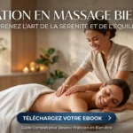 Une praticienne souriante effectuant un massage du dos sur une cliente détendue dans un spa lumineux, avec le texte "Formation en massage bien-être".