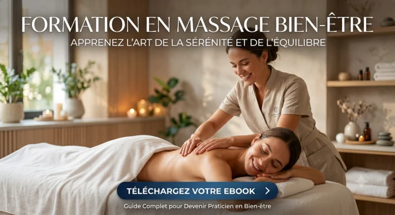 Une praticienne souriante effectuant un massage du dos sur une cliente détendue dans un spa lumineux, avec le texte "Formation en massage bien-être".