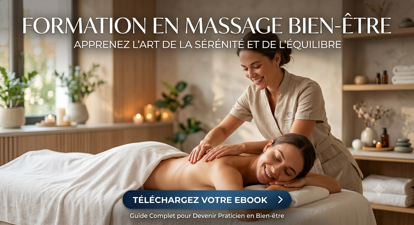 Formation massage bien-être : devenez praticien ! Une praticienne souriante effectuant un massage du dos sur une cliente détendue dans un spa lumineux, avec le texte "Formation en massage bien-être".