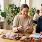 Groupe diversifié de personnes en pleine formation de lithothérapie en extérieur, étudiant des pierres, des cristaux de quartz et des minéraux autour d'une table en pierre avec un livre ouvert.