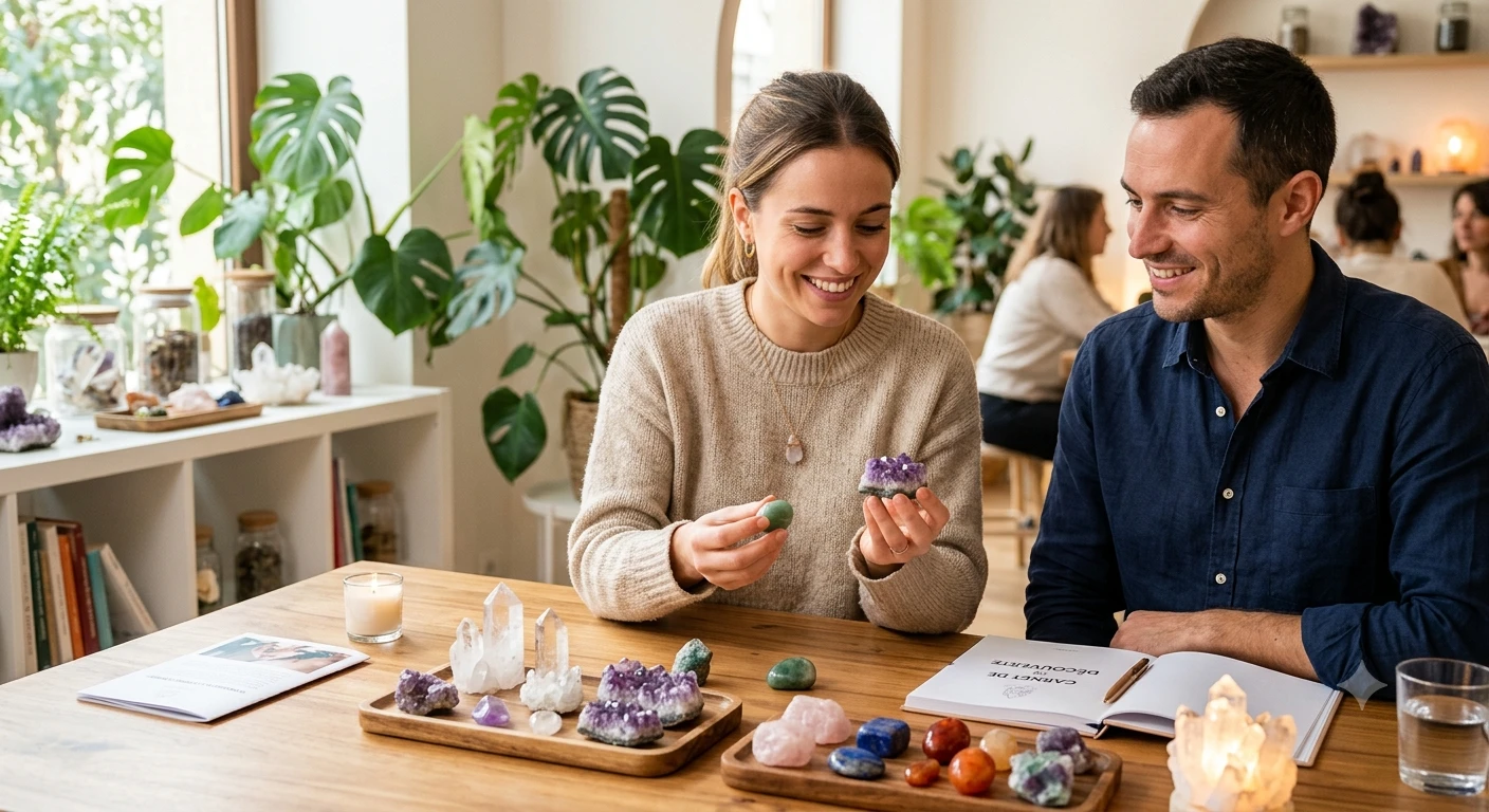 Groupe diversifié de personnes en pleine formation de lithothérapie en extérieur, étudiant des pierres, des cristaux de quartz et des minéraux autour d'une table en pierre avec un livre ouvert.
