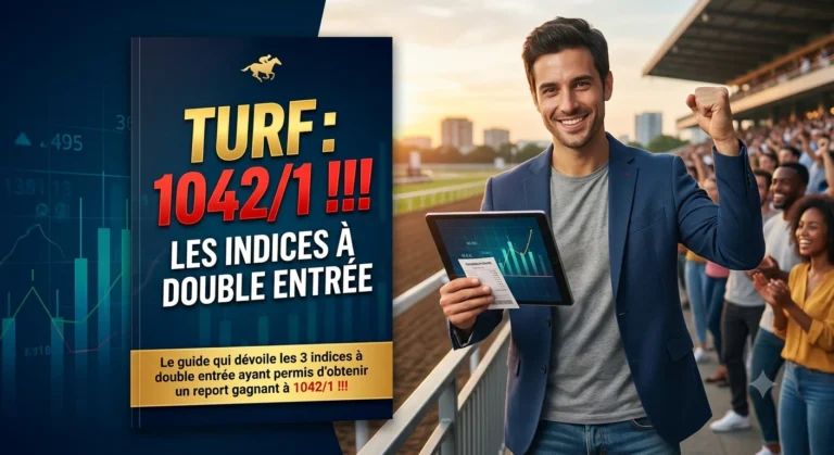 Homme souriant célébrant un gain à l'hippodrome à côté de la couverture de l'ebook "TURF : 1042/1".