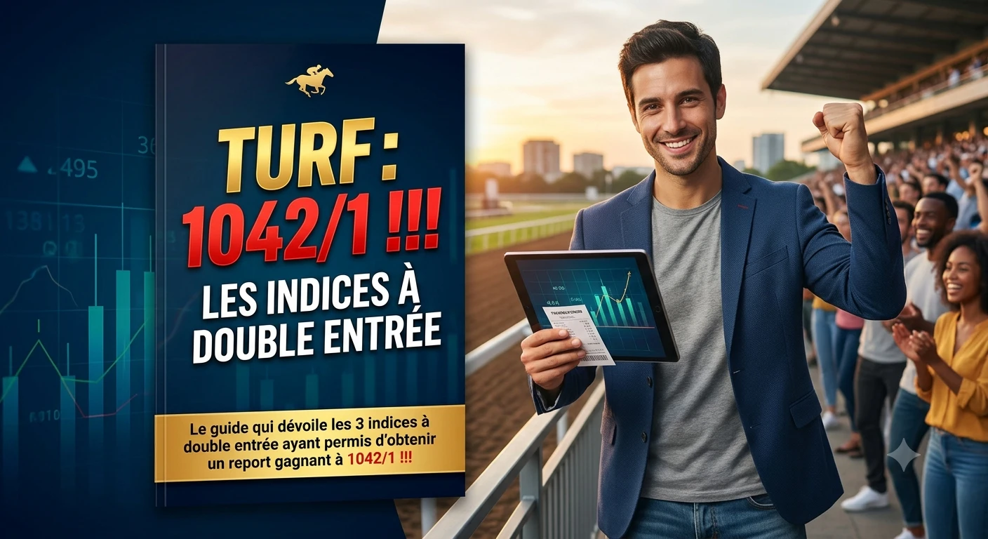 Homme souriant célébrant un gain à l'hippodrome à côté de la couverture de l'ebook "TURF : 1042/1".