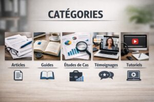 Présentation visuelle des catégories du site : Articles, Guides, Études de cas, Témoignages et Tutoriels, illustrées par des icônes et images thématiques sur fond clair.