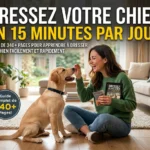 Une femme souriante assise dans son salon dresse son chiot Labrador avec une friandise. En haut, le texte publicitaire annonce un ebook de plus de 340 pages pour dresser son chien en 15 minutes par jour.