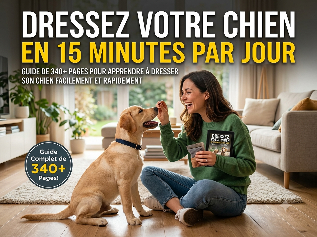 Dressez Votre Chien - 15 Minutes par Jour Une femme souriante assise dans son salon dresse son chiot Labrador avec une friandise. En haut, le texte publicitaire annonce un ebook de plus de 340 pages pour dresser son chien en 15 minutes par jour.