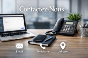 Bureau moderne avec ordinateur portable, téléphone fixe, smartphone et icônes Email, Téléphone, Adresse sous le titre Contactez‑Nous.