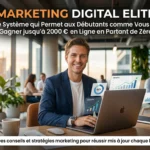 Un professionnel du digital souriant devant son ordinateur dans un bureau moderne, avec des graphiques de croissance et le texte publicitaire pour l'ebook « Marketing Digital Elite ».