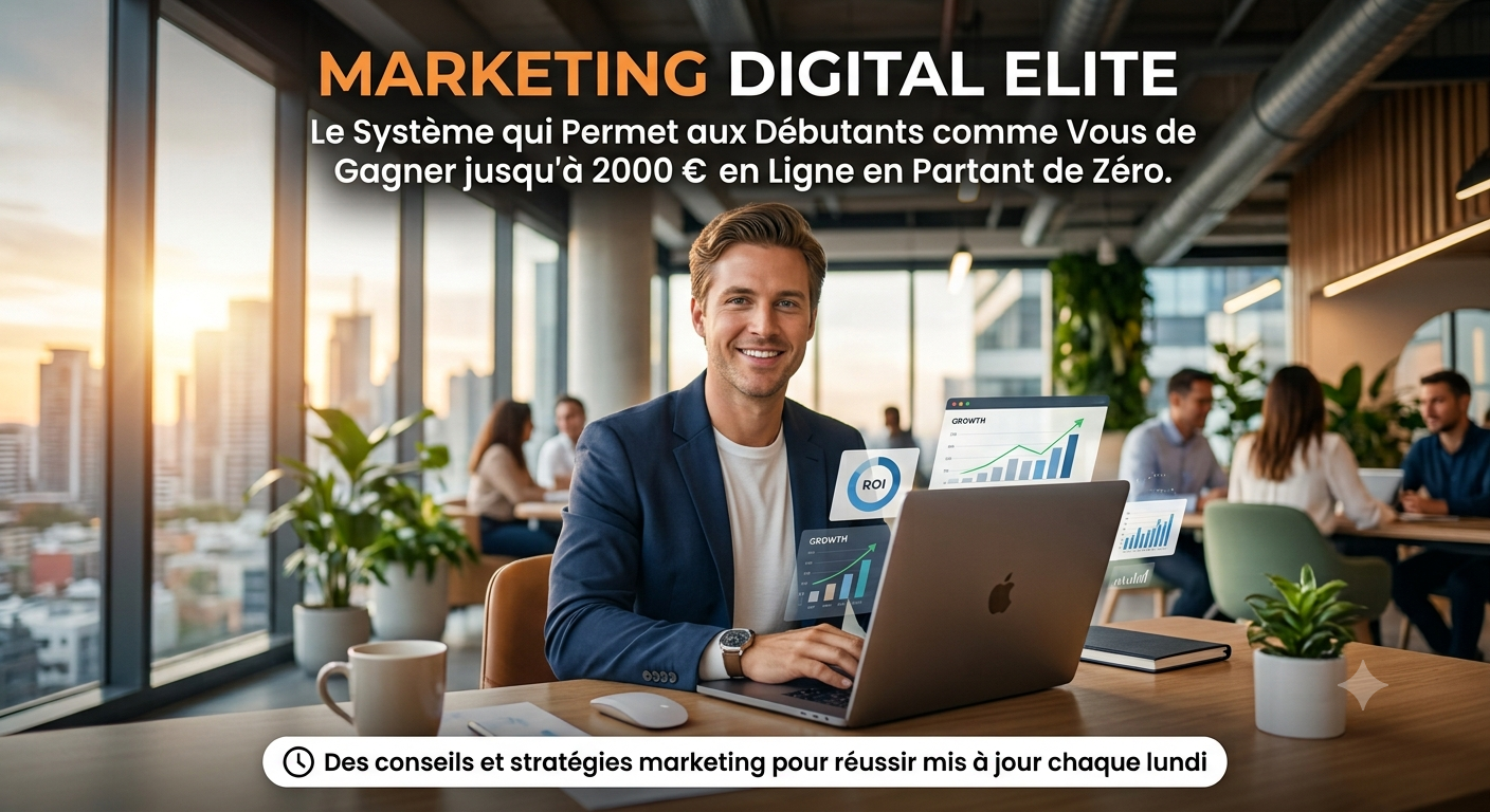 Marketing Digital Elite: Le Guide de l'Affiliation Un professionnel du digital souriant devant son ordinateur dans un bureau moderne, avec des graphiques de croissance et le texte publicitaire pour l'ebook « Marketing Digital Elite ».