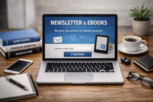 Ordinateur portable affichant un formulaire d’inscription à la newsletter et aux ebooks gratuits, entouré de livres, café et accessoires de bureau sur fond en bois.