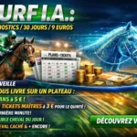 Bannière TURF I.A. – pronostics IA pour courses hippiques, offres 30 jours à 9 euros, visuel dynamique avec jockey et cheval holographique.
