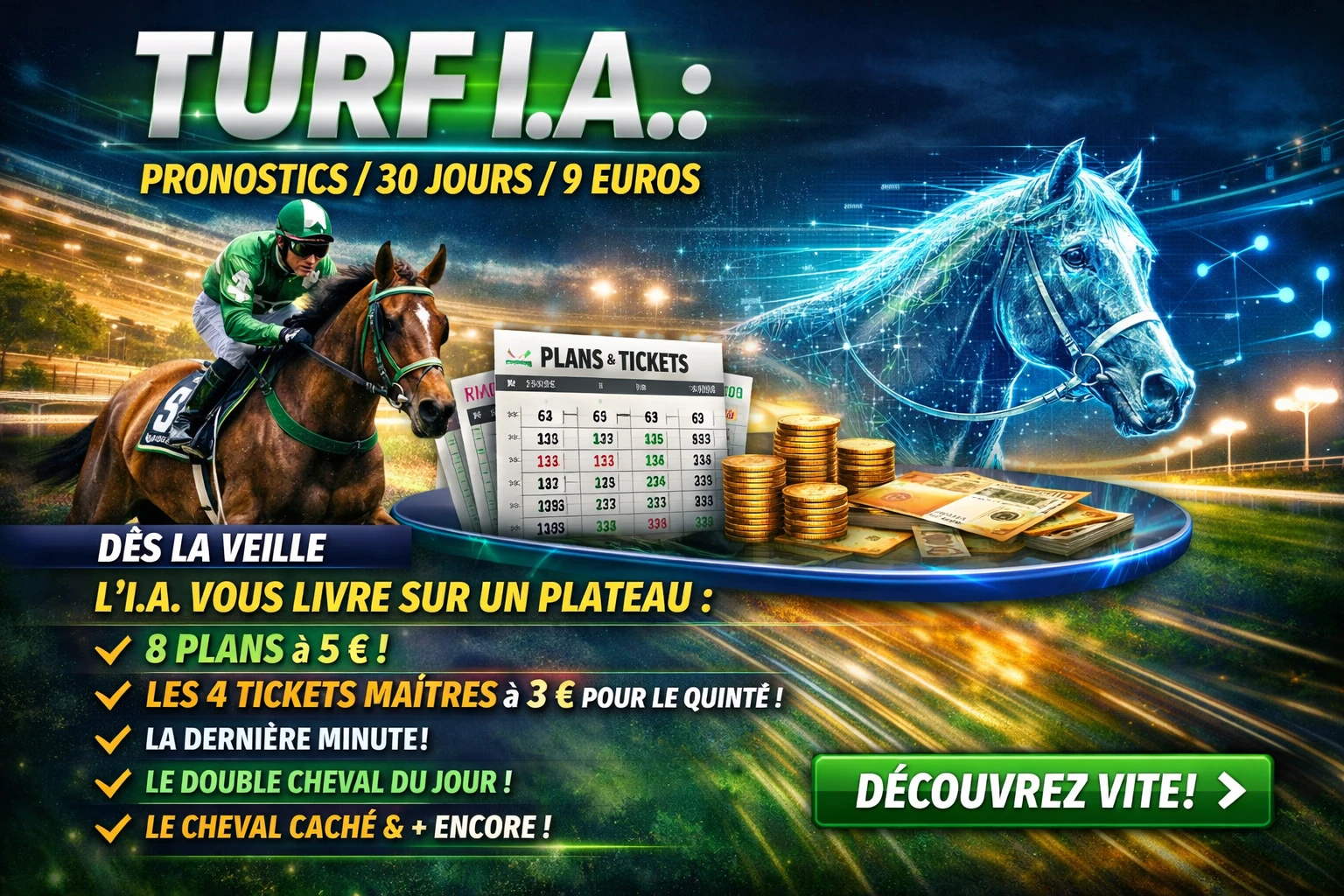 Bannière TURF I.A. – pronostics IA pour courses hippiques, offres 30 jours à 9 euros, visuel dynamique avec jockey et cheval holographique.