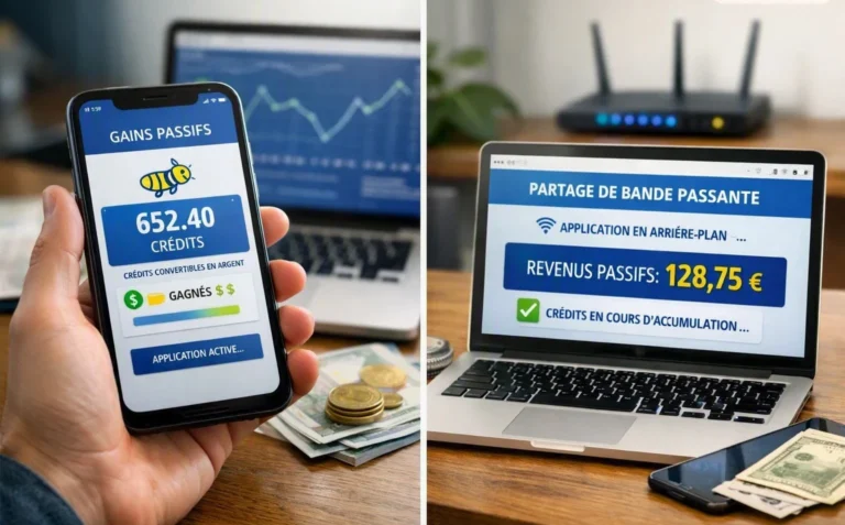 Smartphone affichant une application de gains passifs avec crédits accumulés, posé devant un ordinateur portable et un routeur Wi‑Fi sur un bureau en bois ; symbole visuel du partage de bande passante pour générer des revenus.
